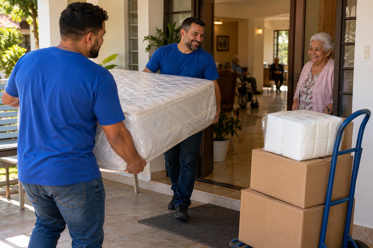 Voluntários levam um colchão novo para dentro da casa de acolhimento
