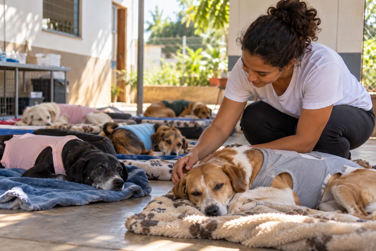 Cães se recuperam da castração em uma área de repouso, com uma voluntária por perto
